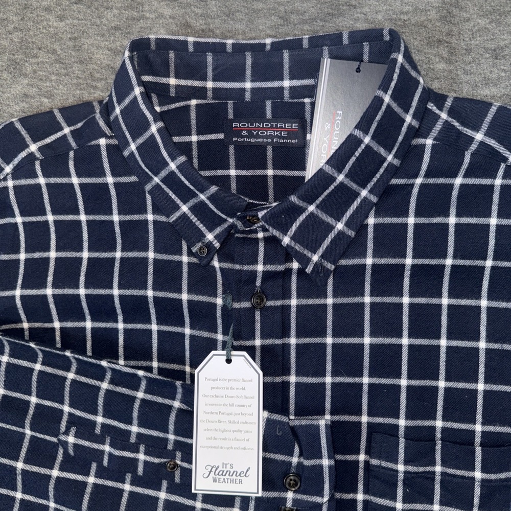Roundtree & Yorke Men Portuguese Flannel Shirt White Navy Blue Plaid 2XB NEW $70